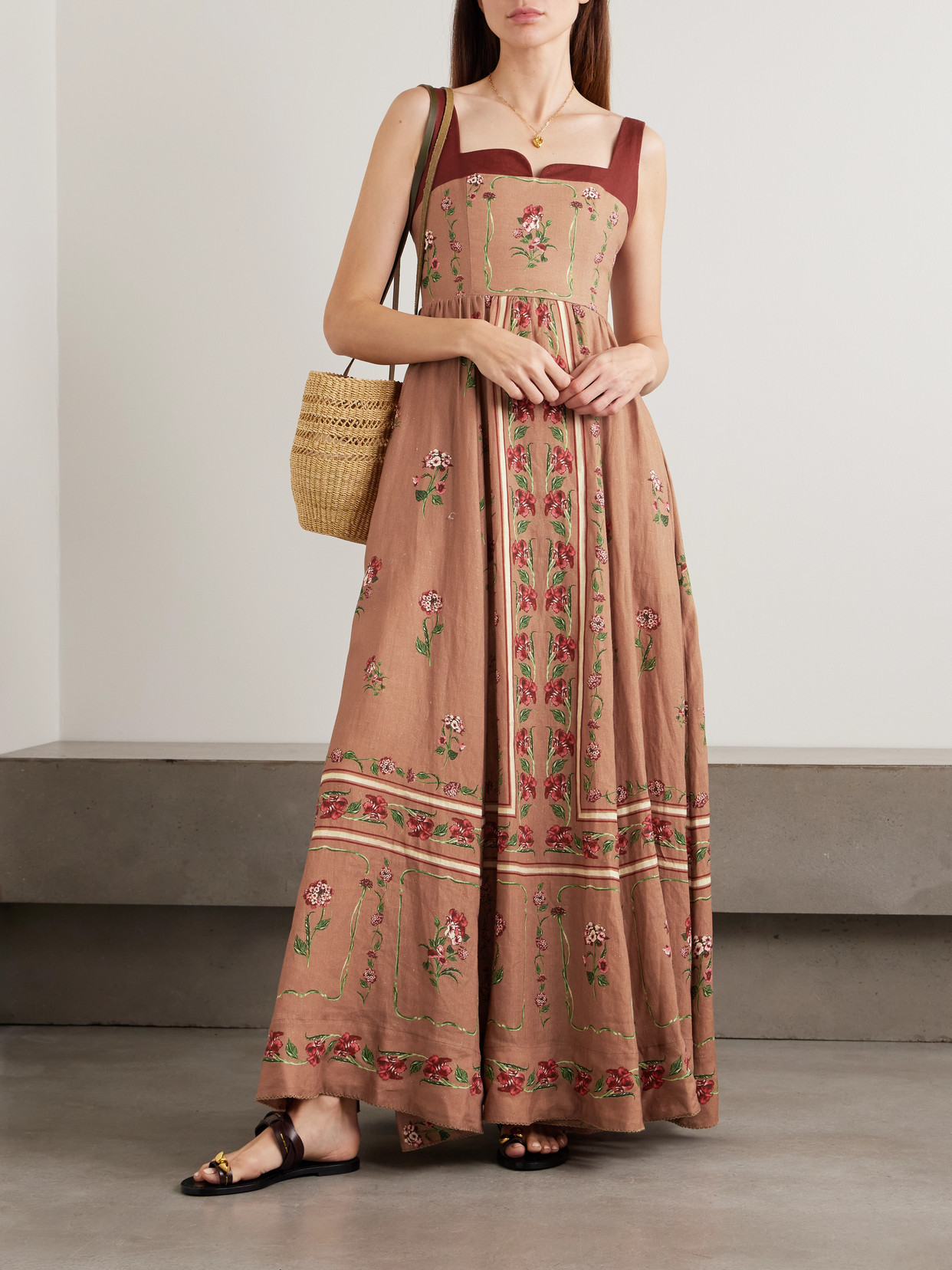 Agua By Agua Bendita Jaspe Floral-printed Linen Maxi Dress In Brown