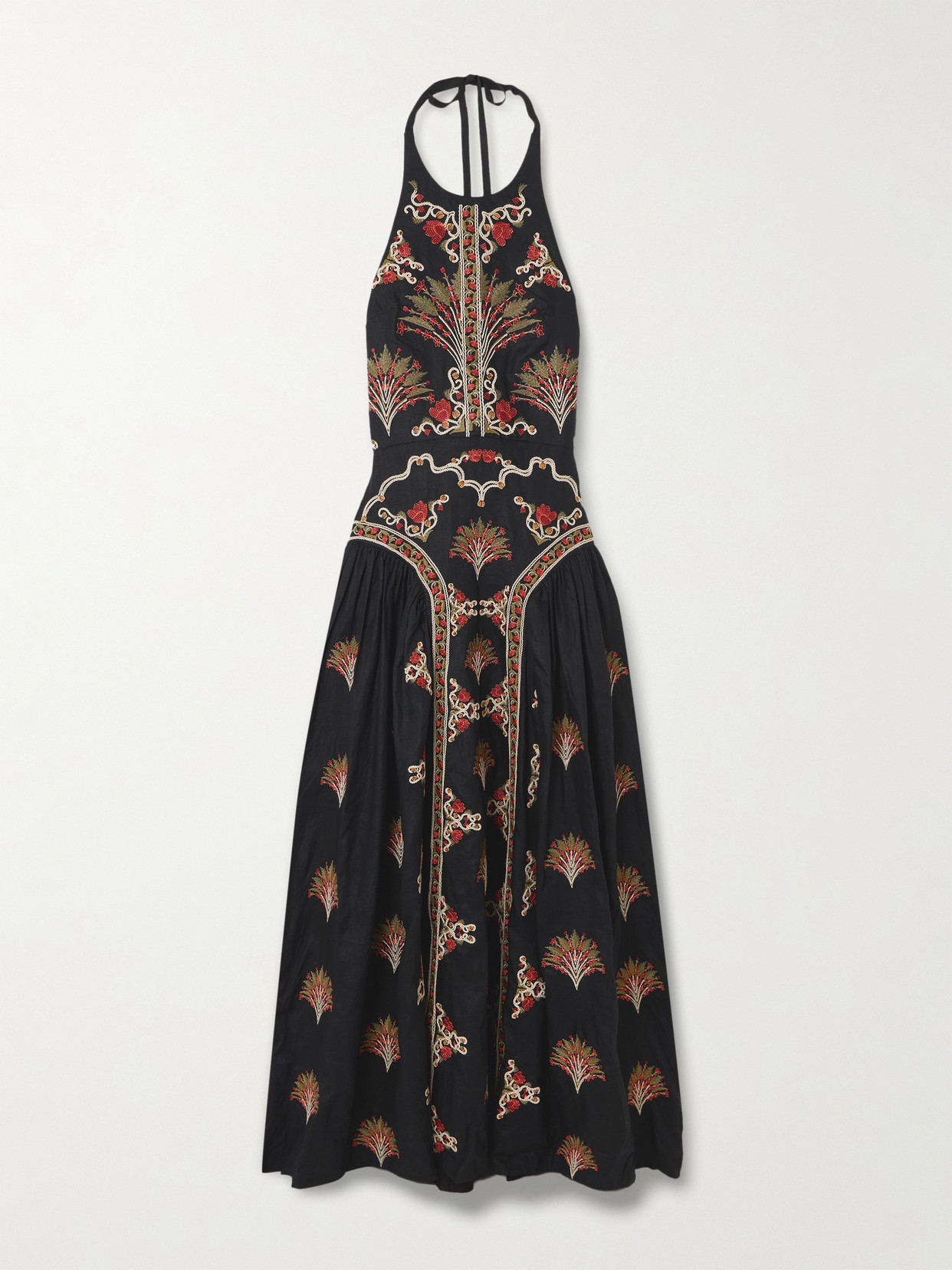 Agua By Agua Bendita Balsa Pleated Embroidered Linen Halterneck Midi Dress In Black