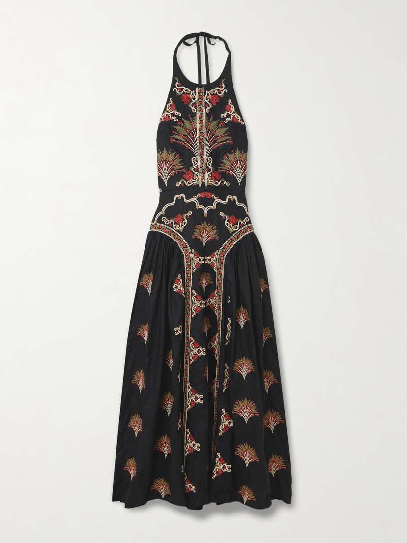 Agua by Agua Bendita Balsa Pleated Embroidered Linen Halterneck Midi Dress