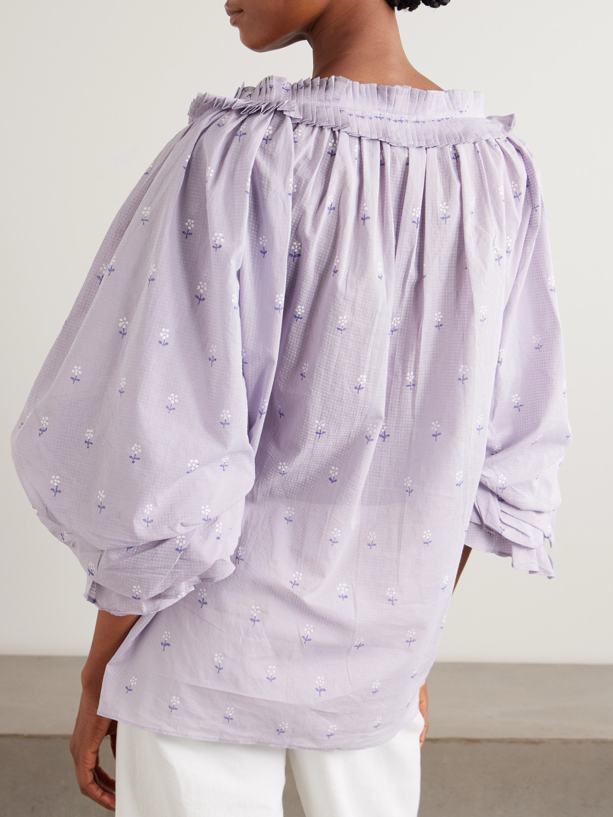 Roussia Tie-Neck Pleated Printed Cotton-Voile Blouse