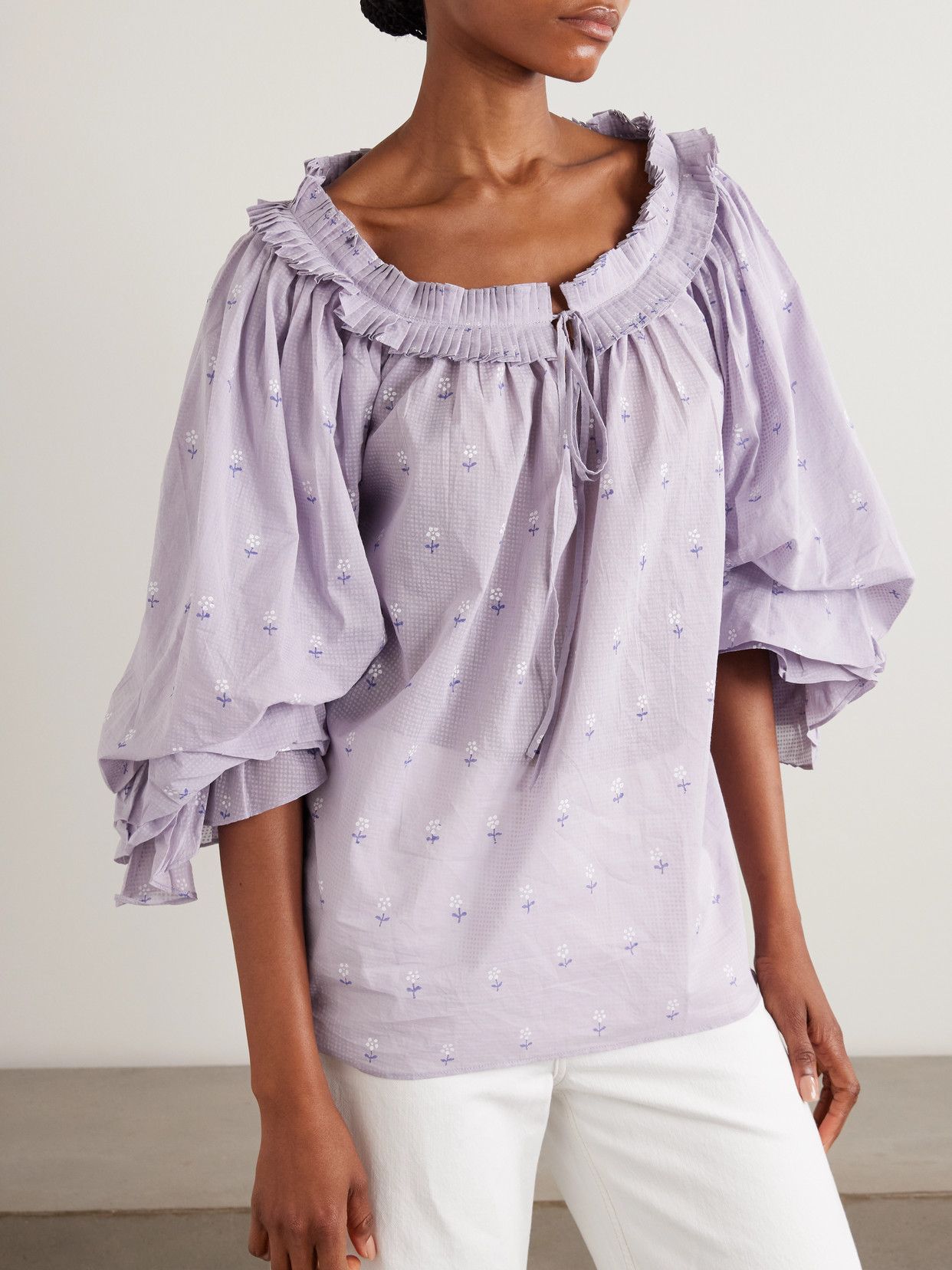 Roussia Tie-Neck Pleated Printed Cotton-Voile Blouse