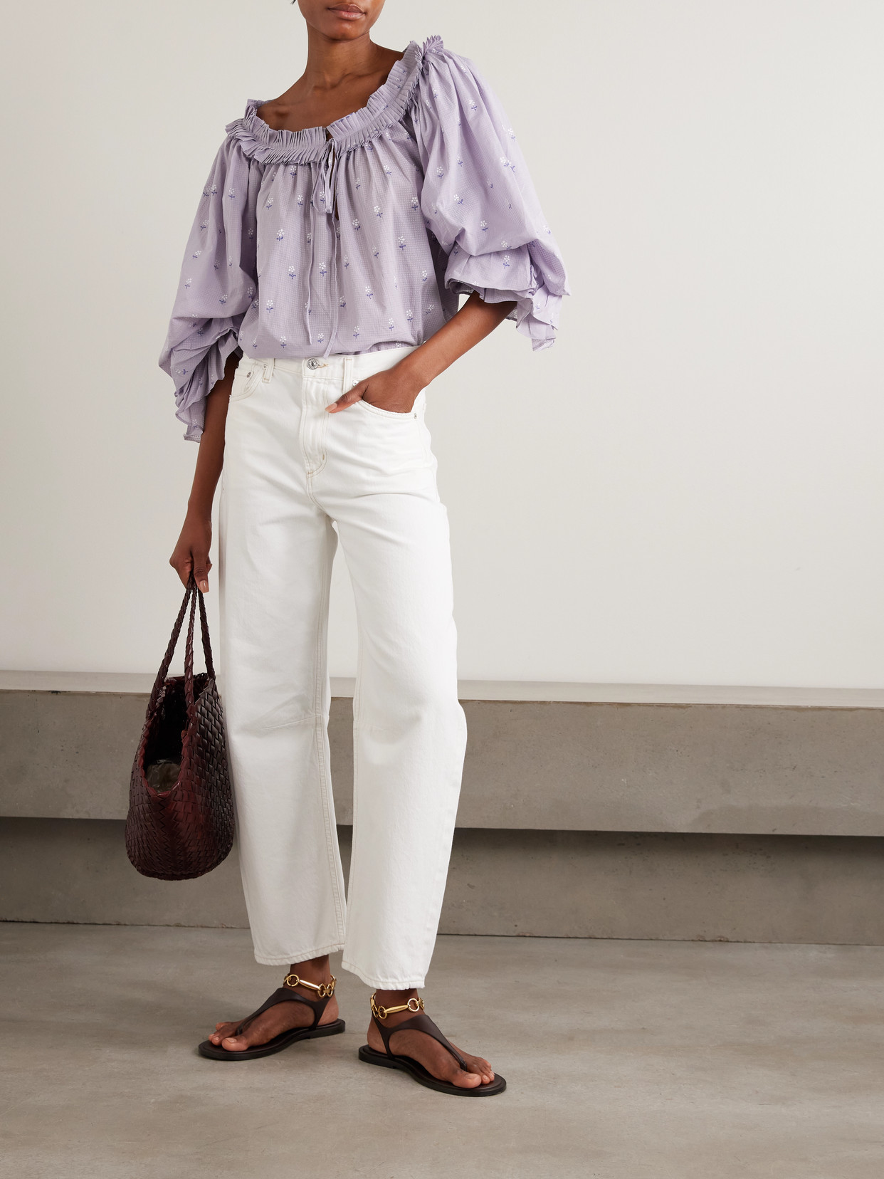 Roussia Tie-Neck Pleated Printed Cotton-Voile Blouse