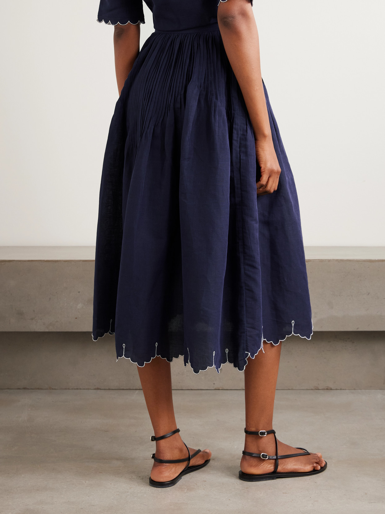 Verde Pintucked Embroidered Cotton And Linen-Blend Midi