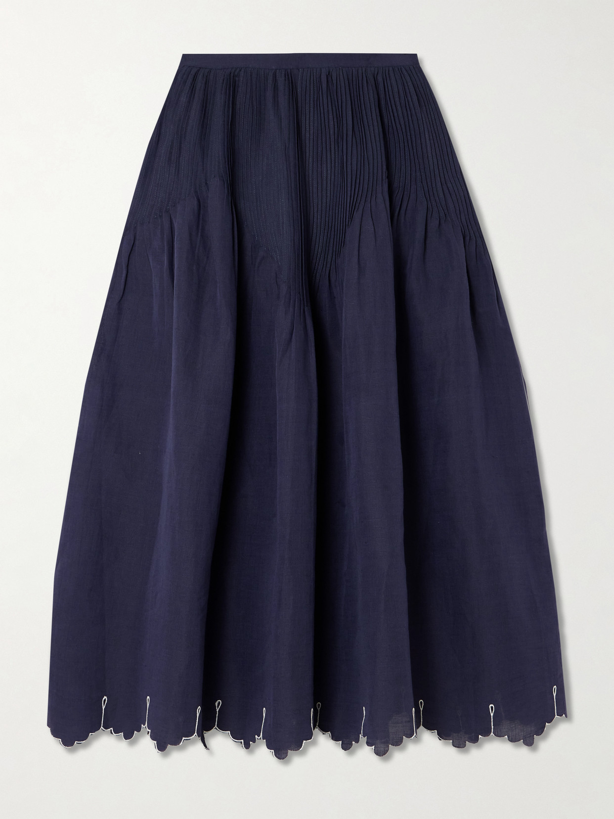 Thierry Colson Verde Pintucked Embroidered Cotton And Linen-blend Midi Skirt In Blue