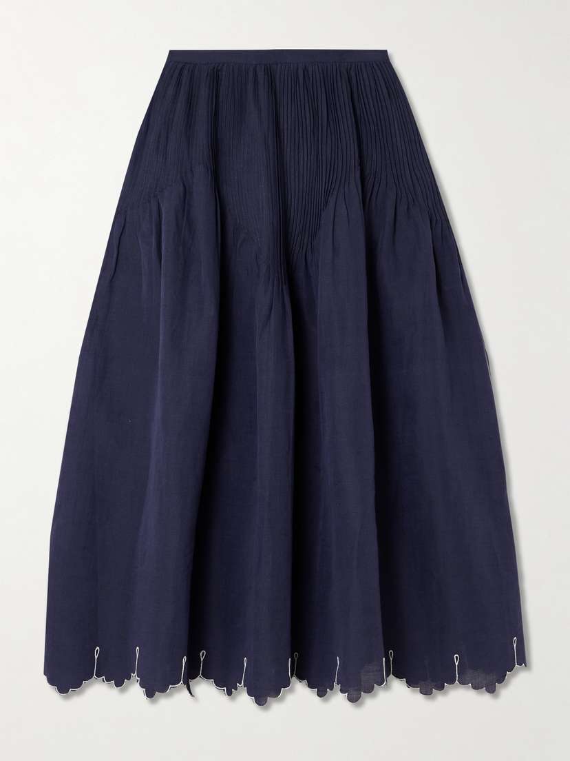 Thierry Colson Verde Pintucked Embroidered Cotton And Linen-blend Midi Skirt