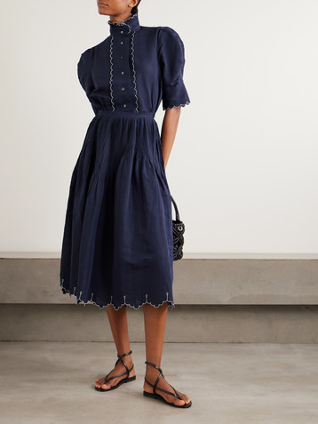 THIERRY COLSON Verde pintucked embroidered cotton and linen-blend midi skirt