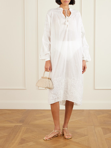 THIERRY COLSON Guise tasseled pleated embroidered cotton-voile midi dress