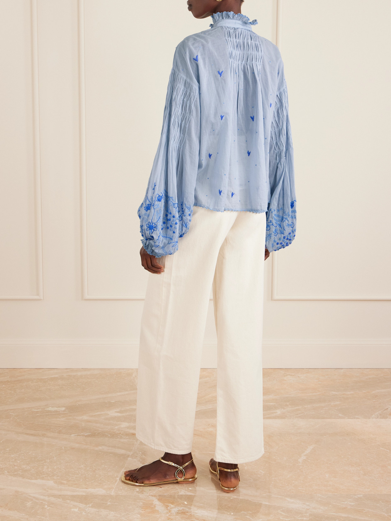 Slava Ruched Pleated Embroidered Cotton-Voile Shirt
