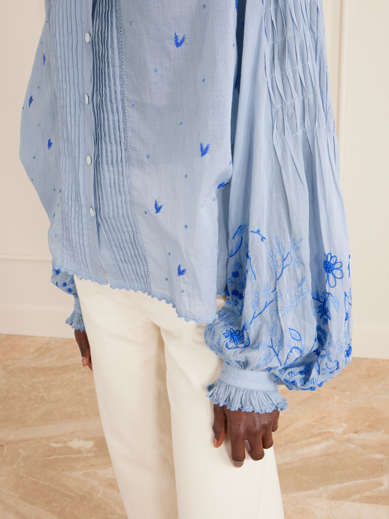 Slava Ruched Pleated Embroidered Cotton-Voile Shirt