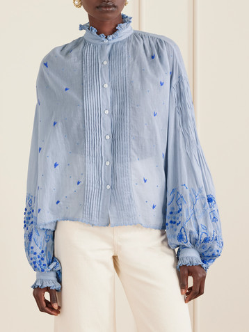 THIERRY COLSON Slava ruched pleated embroidered cotton-voile shirt