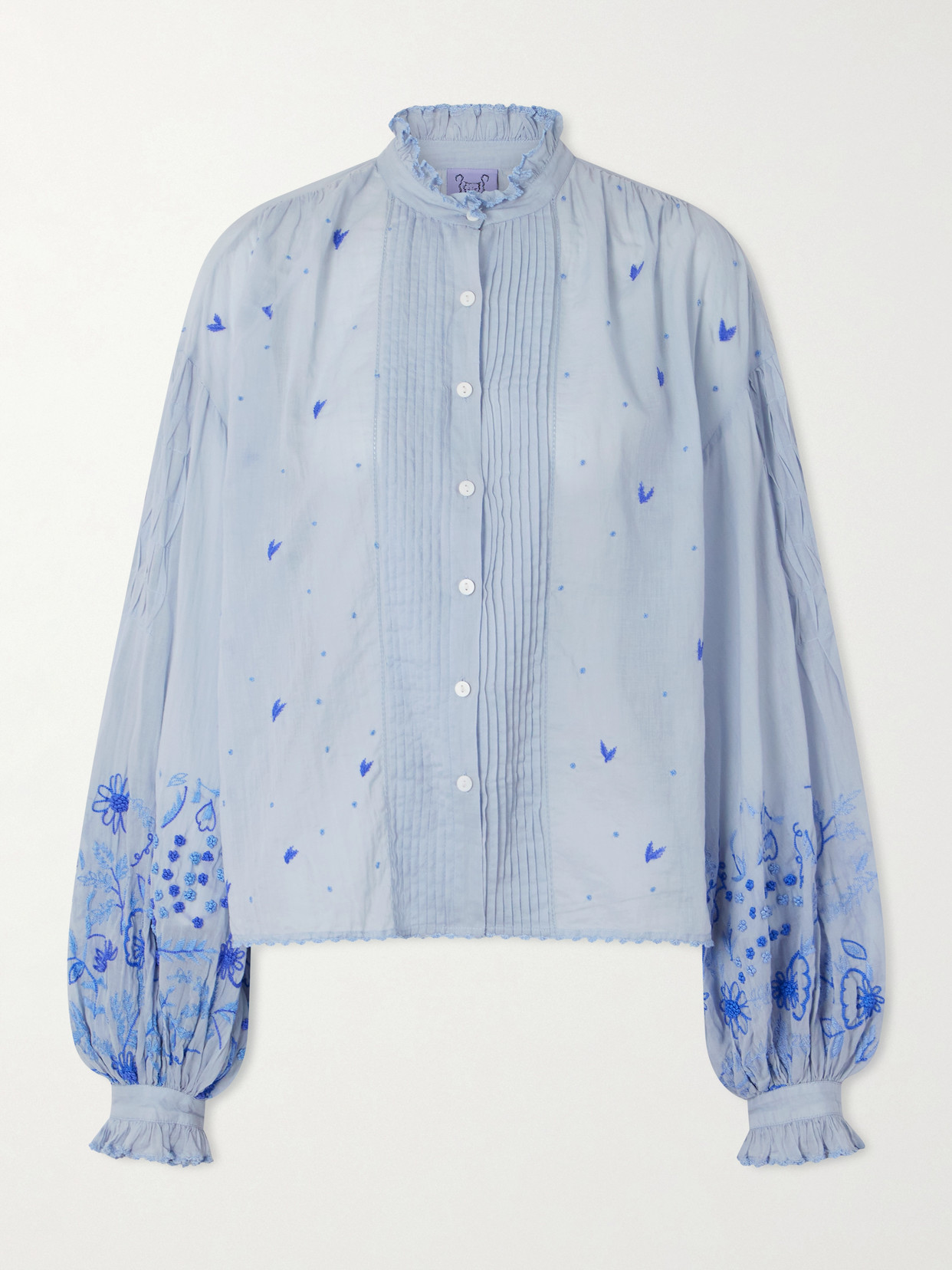 Thierry Colson Slava Ruched Pleated Embroidered Cotton-voile Shirt In Blue