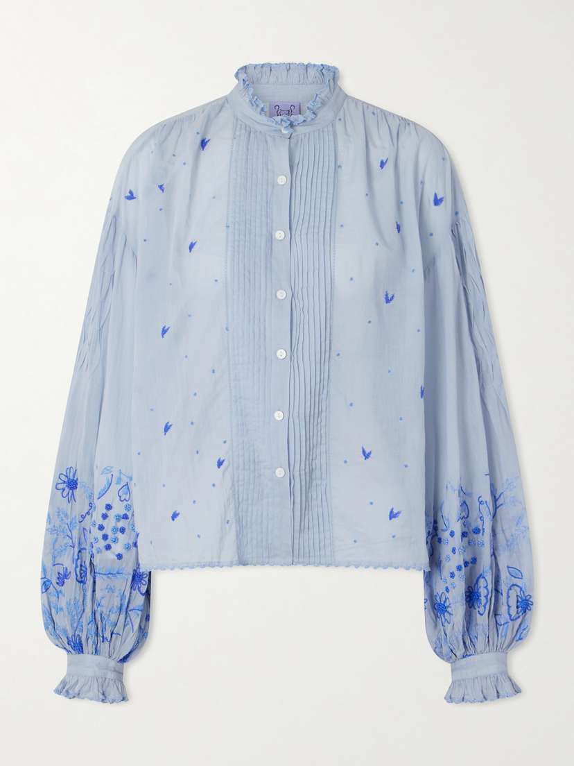 Thierry Colson Slava Ruched Pleated Embroidered Cotton-voile Shirt