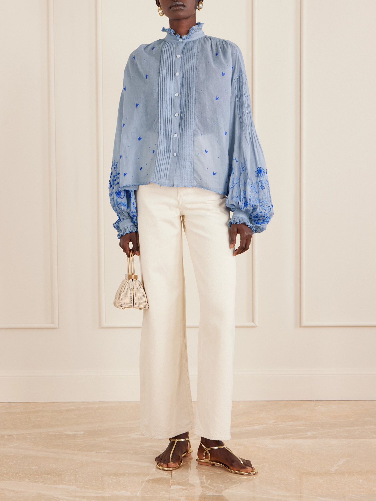 Slava Ruched Pleated Embroidered Cotton-Voile Shirt
