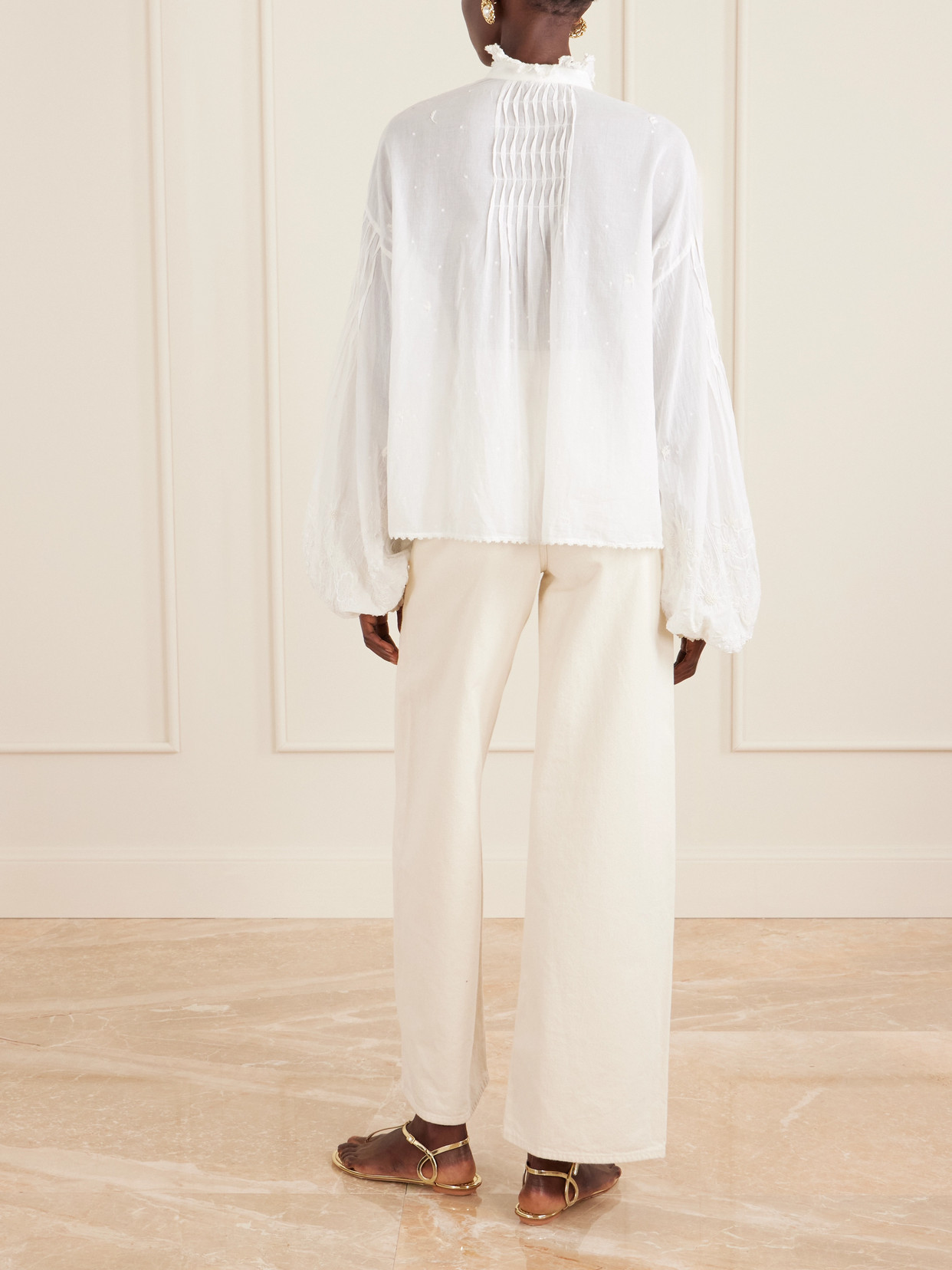 Slava Ruched Pleated Embroidered Cotton-Voile Shirt