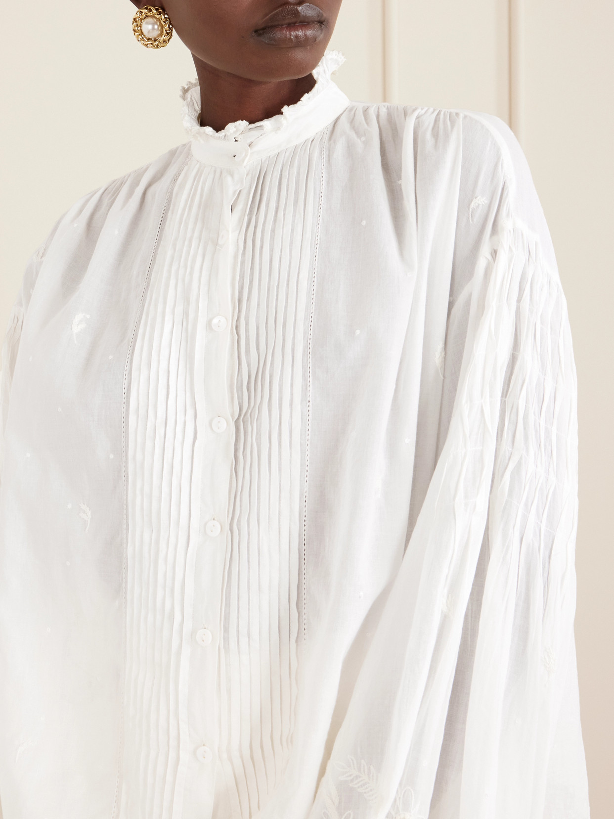 Slava Ruched Pleated Embroidered Cotton-Voile Shirt