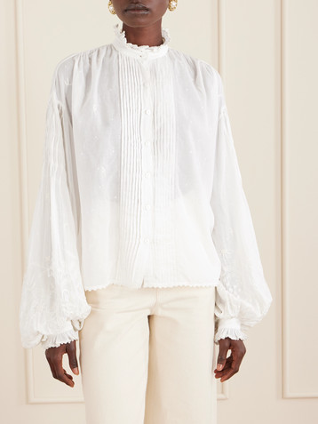 THIERRY COLSON Slava ruched pleated embroidered cotton-voile shirt