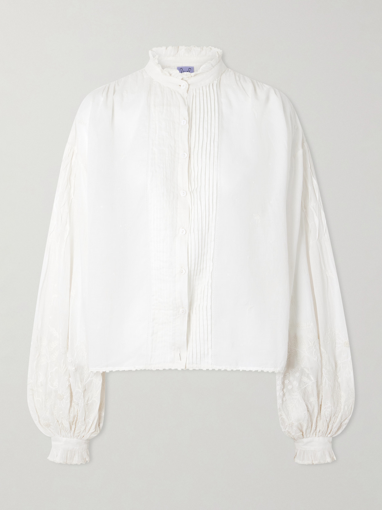 Thierry Colson Slava Ruched Pleated Embroidered Cotton-voile Shirt In White