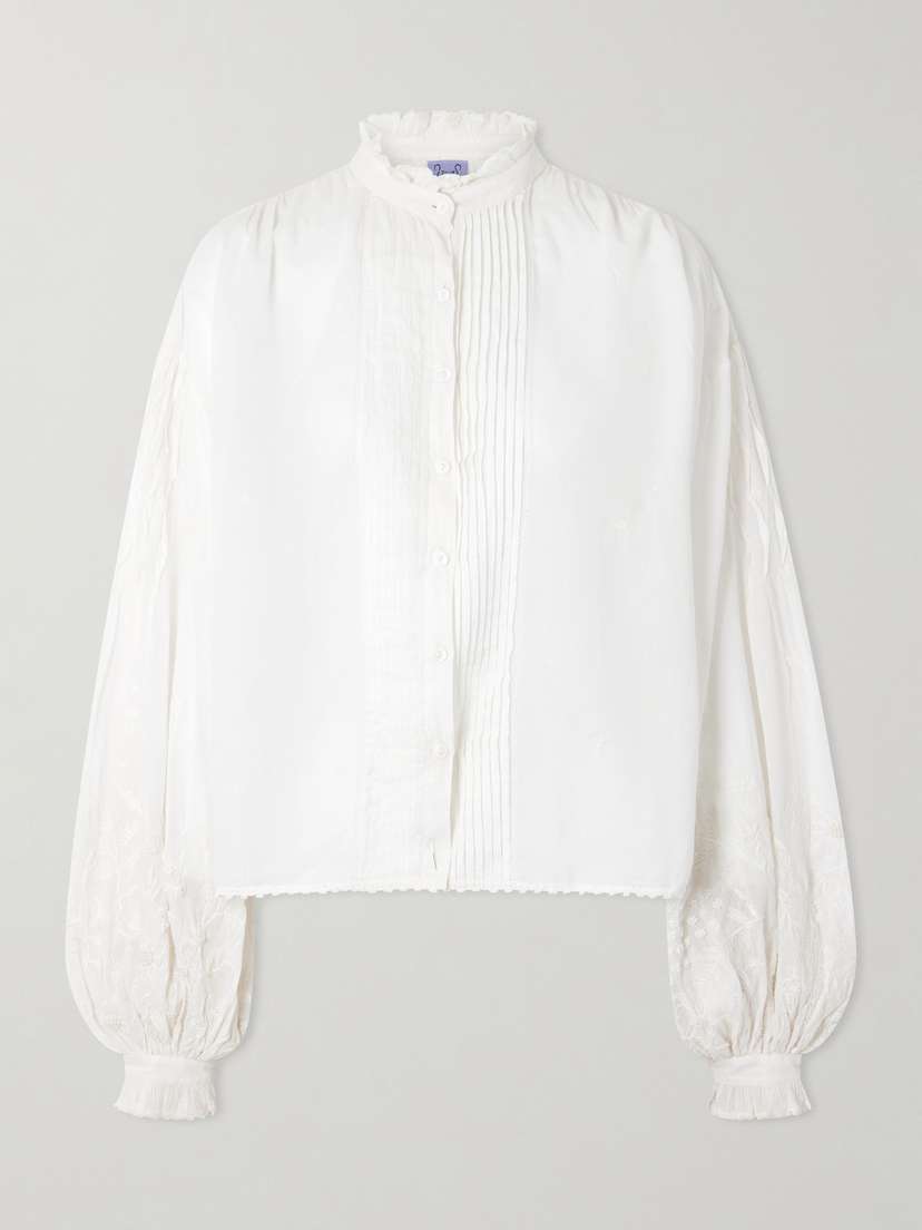 Thierry Colson Slava Ruched Pleated Embroidered Cotton-voile Shirt