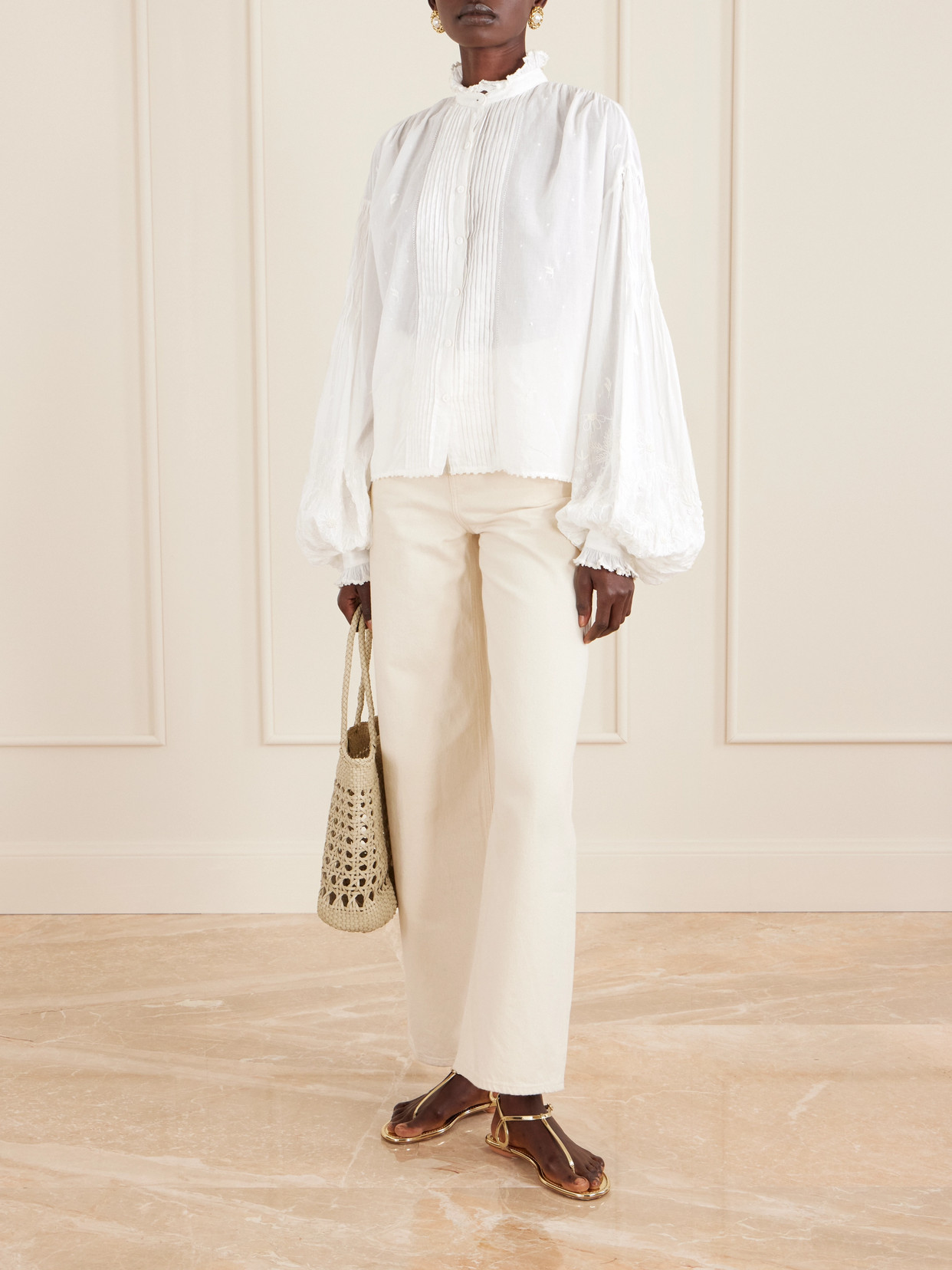 Slava Ruched Pleated Embroidered Cotton-Voile Shirt