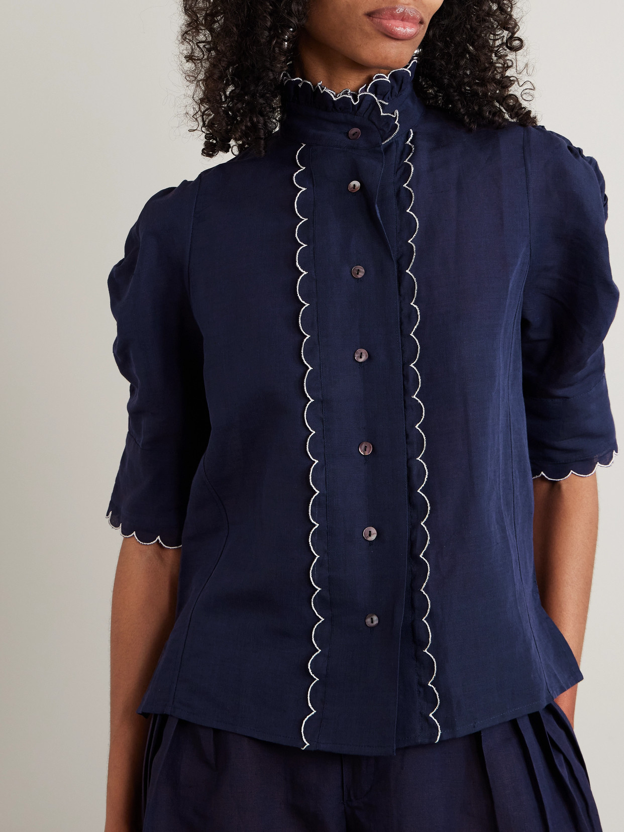 Vita Scalloped Ruched Cotton And Linen-Blend Blouse