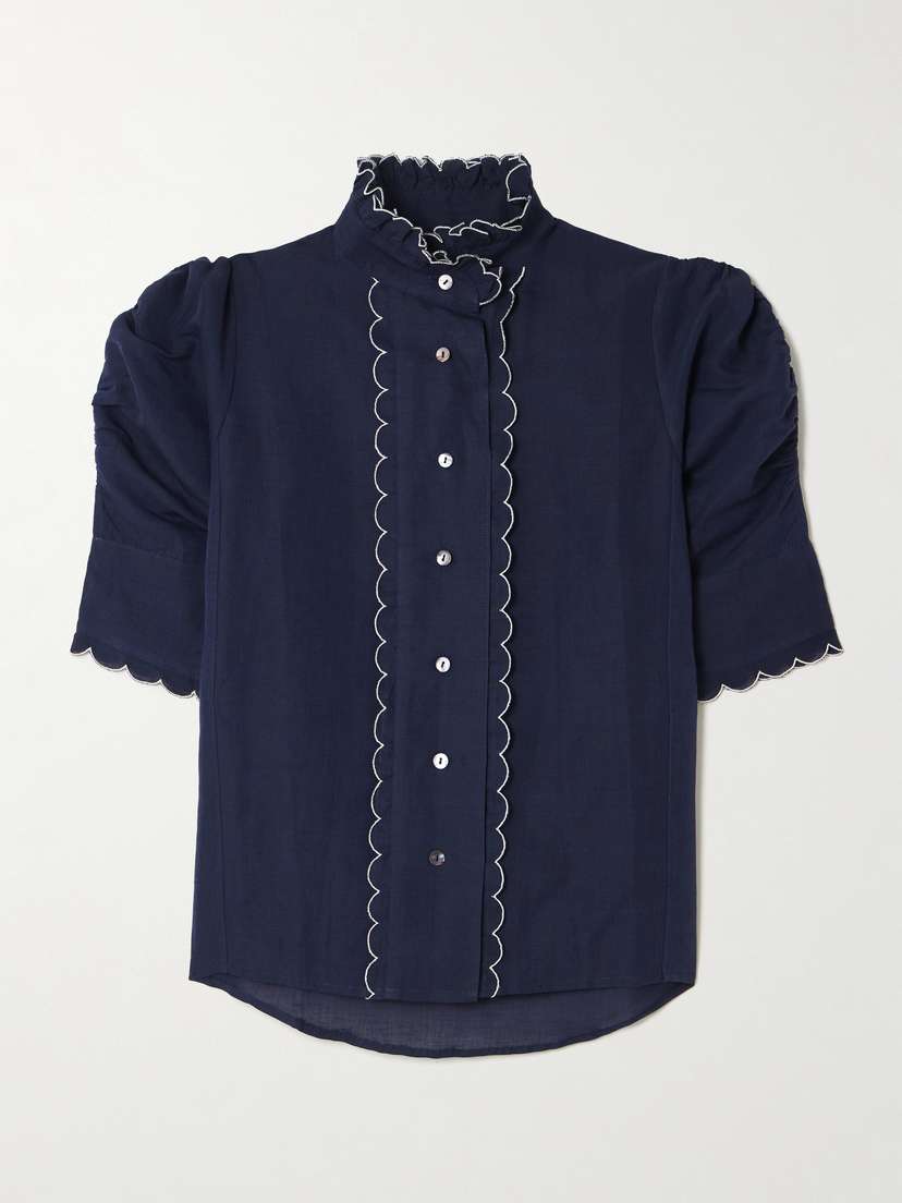 Thierry Colson Vita Scalloped Ruched Cotton And Linen-blend Blouse