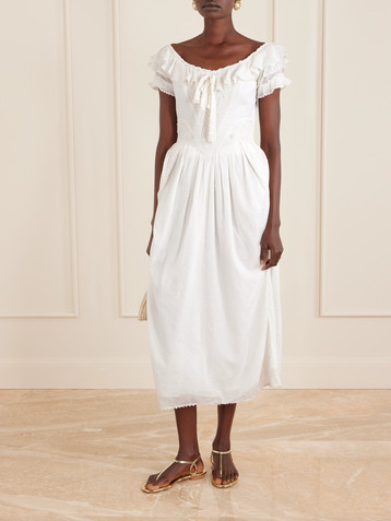 THIERRY COLSON Falbala off-the-shoulder bow-detailed ruffled pleated embroidered cotton-voile midi dress