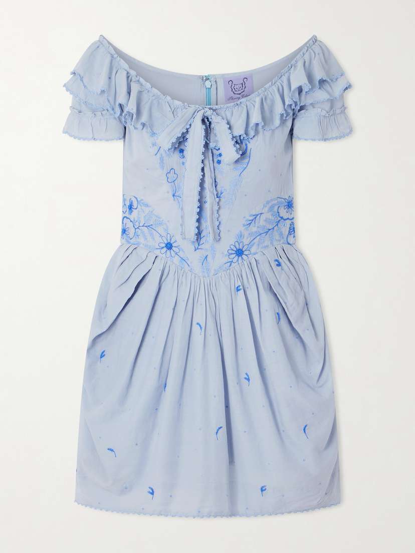 Thierry Colson Falbala Off-the-shoulder Bow-detailed Ruffled Pleated Embroidered Cotton-voile Mini Dress