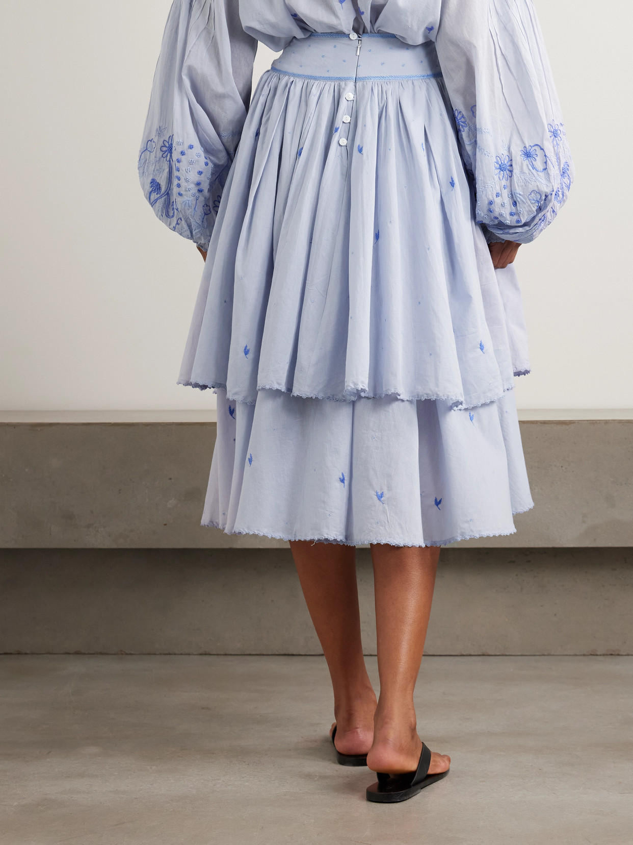 Constance Gathered Tiered Embroidered Cotton-Voile Midi