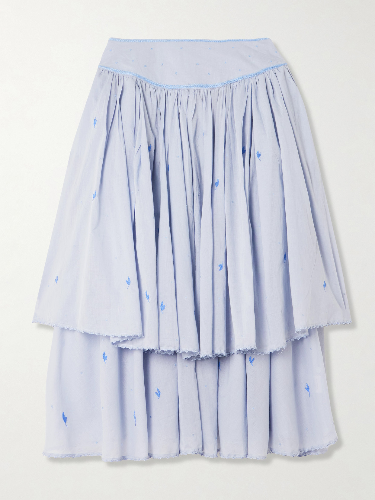 Thierry Colson Constance Gathered Tiered Embroidered Cotton-voile Midi Skirt In Blue