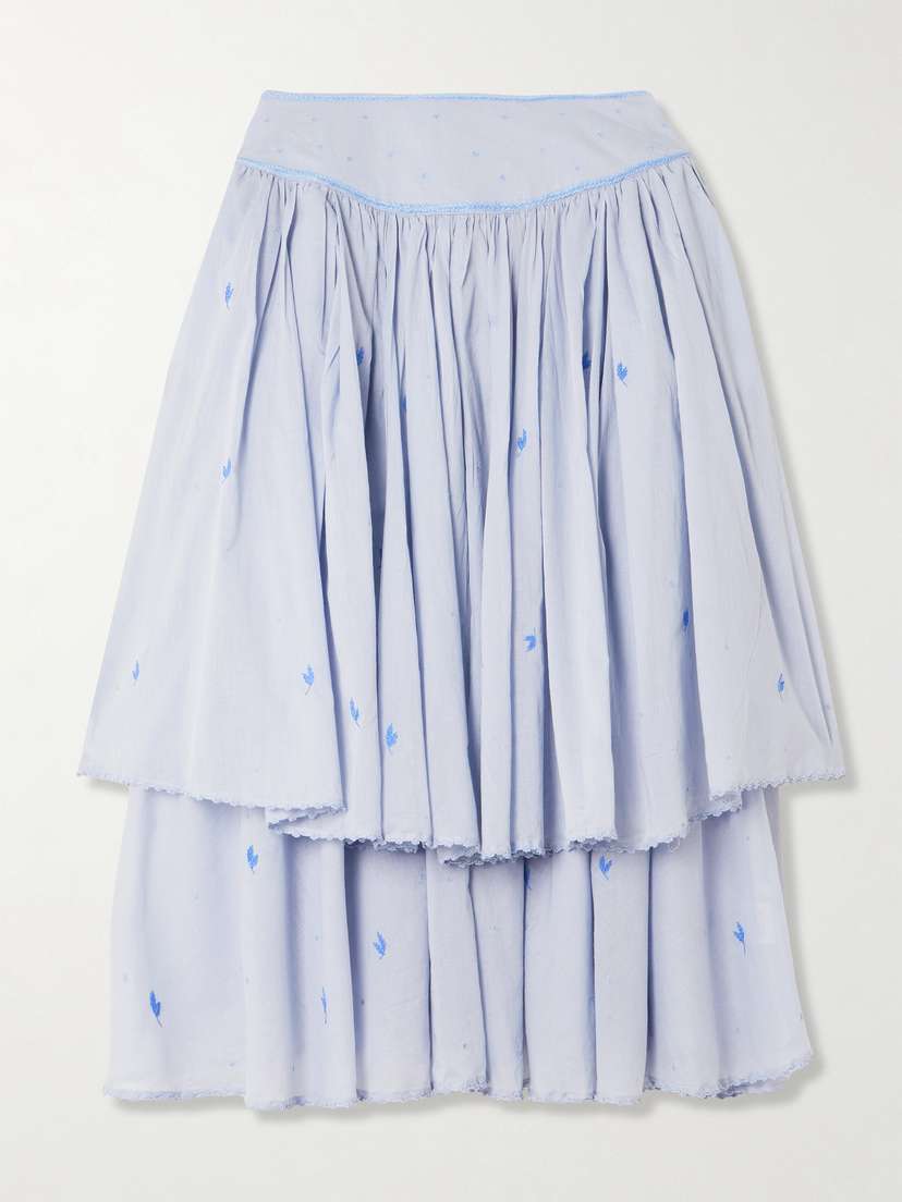 Thierry Colson Constance Gathered Tiered Embroidered Cotton-voile Midi Skirt