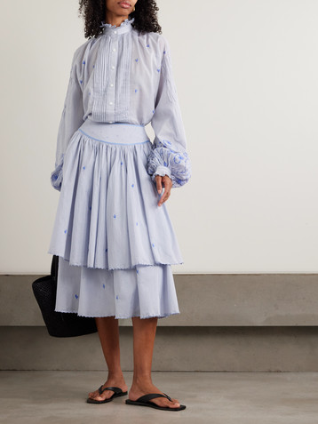 THIERRY COLSON Constance gathered tiered embroidered cotton-voile midi skirt