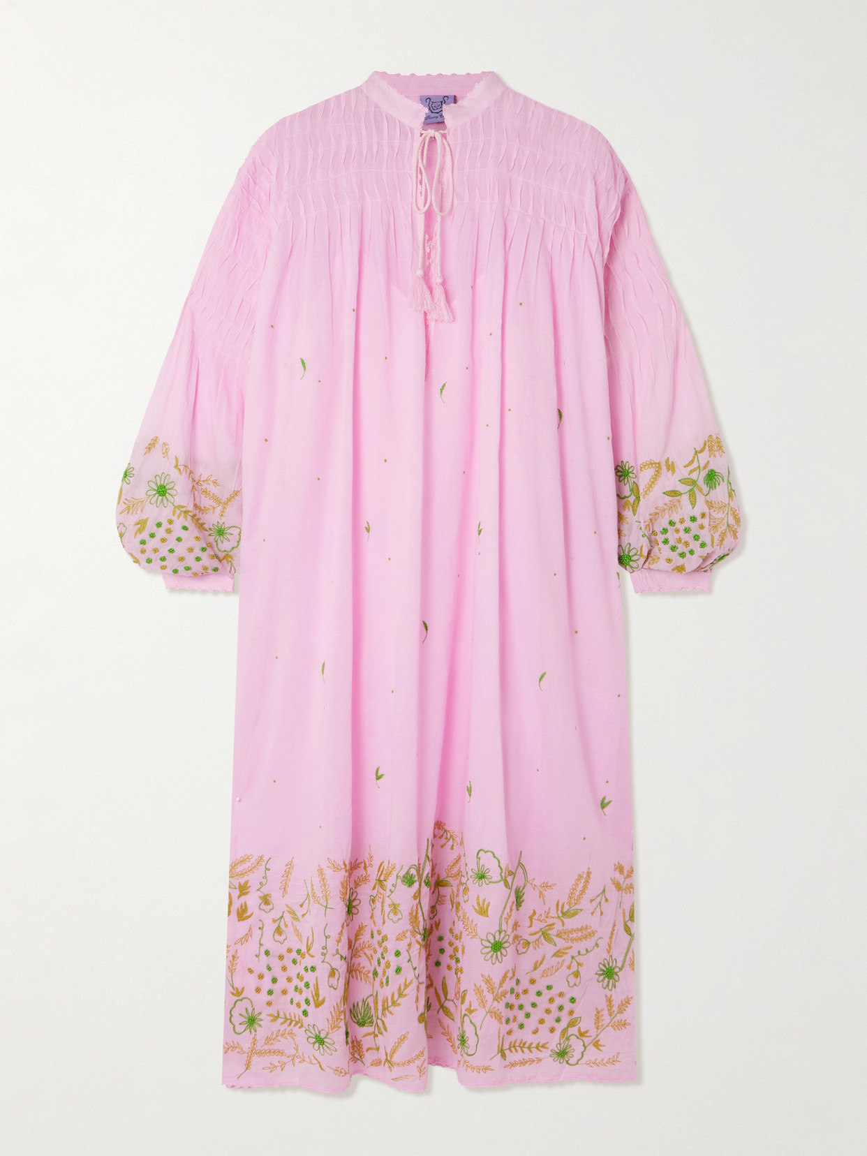 Thierry Colson Guise Tasseled Pintucked Embroidered Cotton-voile Midi Dress In Pink