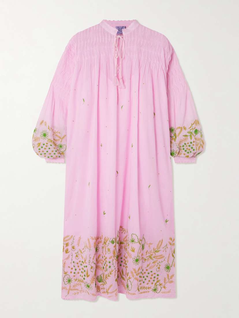 Thierry Colson Guise Tasseled Pintucked Embroidered Cotton-voile Midi Dress