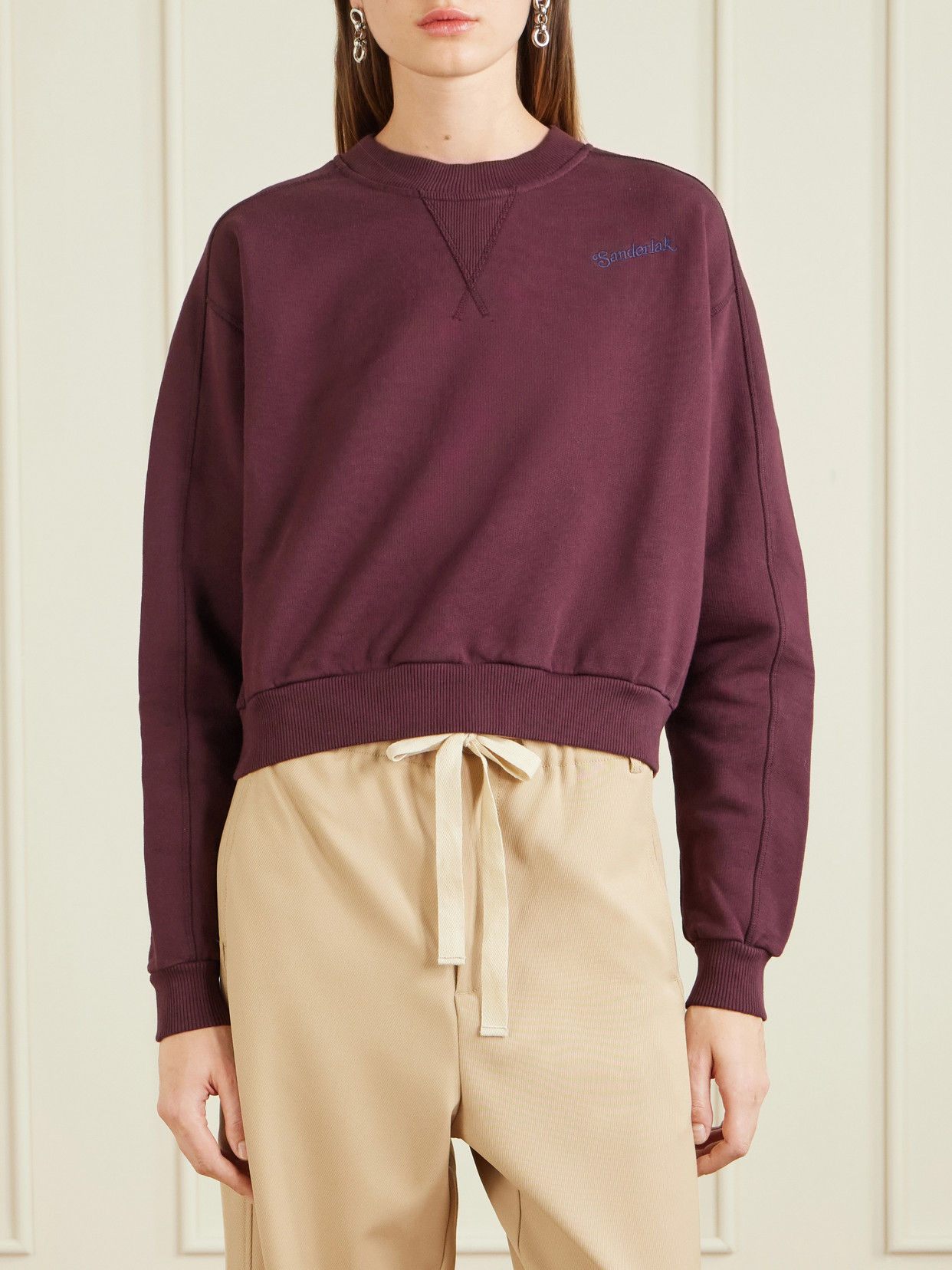 Cropped Embroidered Wool-Blend Jersey Sweatshirt