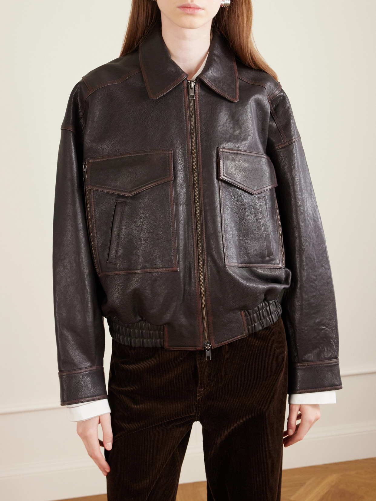 Staud Eugene Oversized Textured-leather Bomber Jacket In Brown