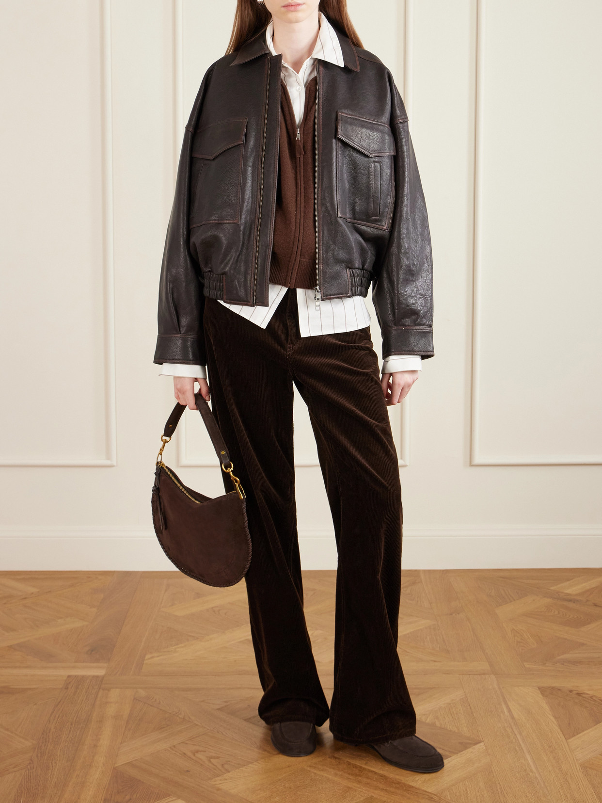 Staud Eugene Oversized Textured-leather Bomber Jacket In Brown