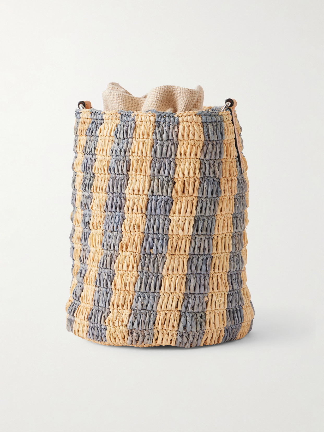 Valentino Garavani Small Bucket Bag In Raffia With Beige And Light Blue Stripes In Multi