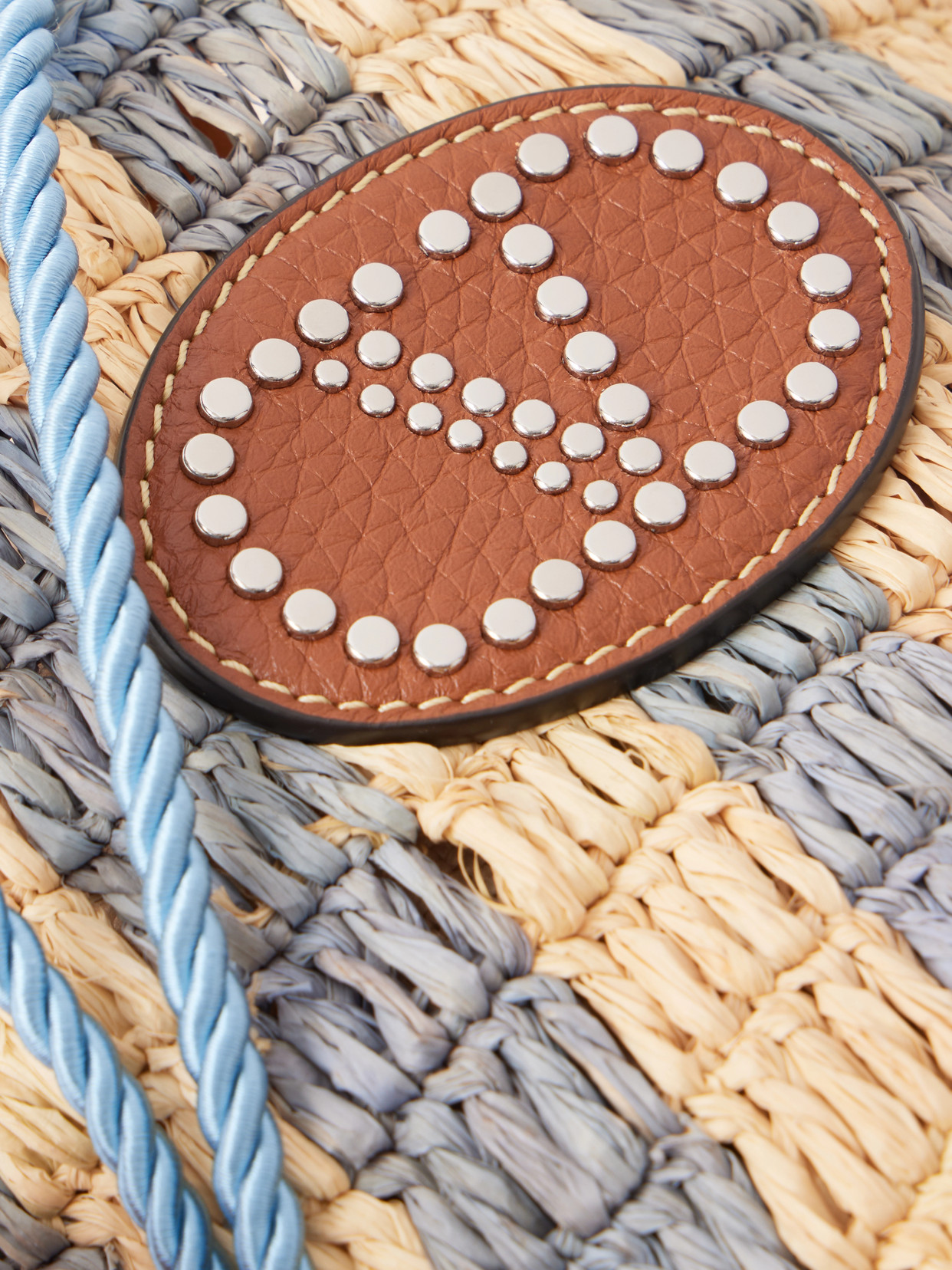 Valentino Garavani Small Bucket Bag In Raffia With Beige And Light Blue Stripes In Multi