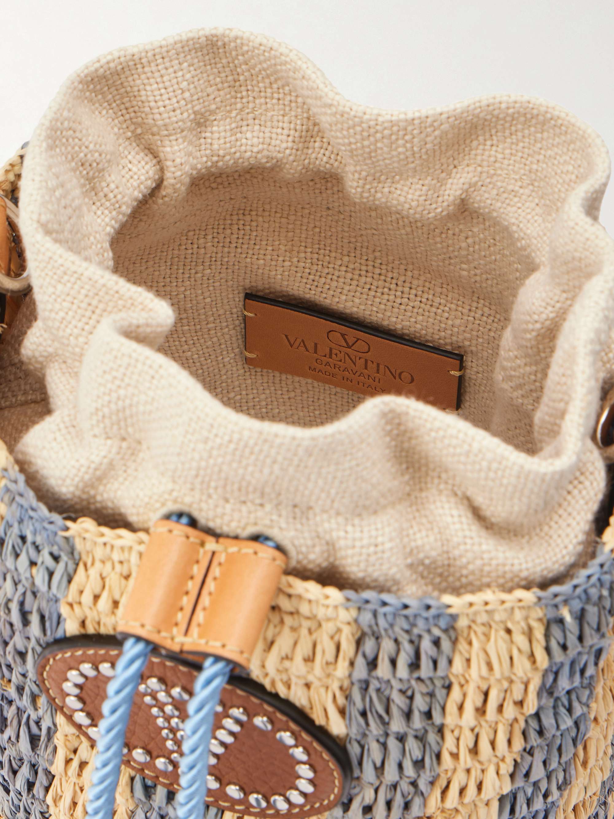 VALENTINO GARAVANI Embellished striped leather-trimmed raffia