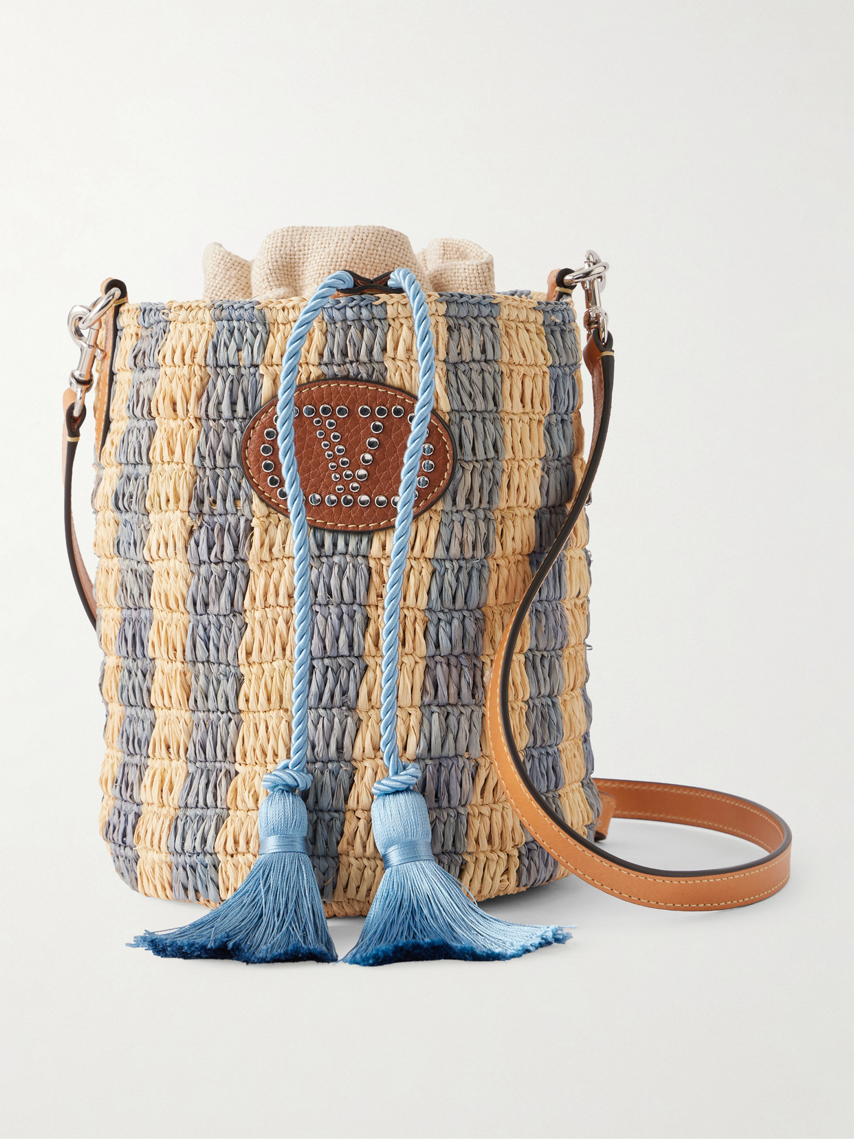 Valentino Garavani Embellished Striped Leather-trimmed Raffia Bucket Bag In Blue