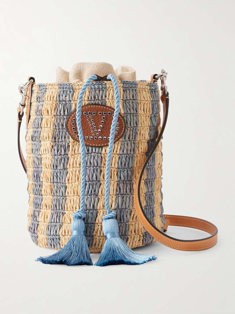 Valentino Garavani — Embellished striped leather-trimmed raffia bucket bag