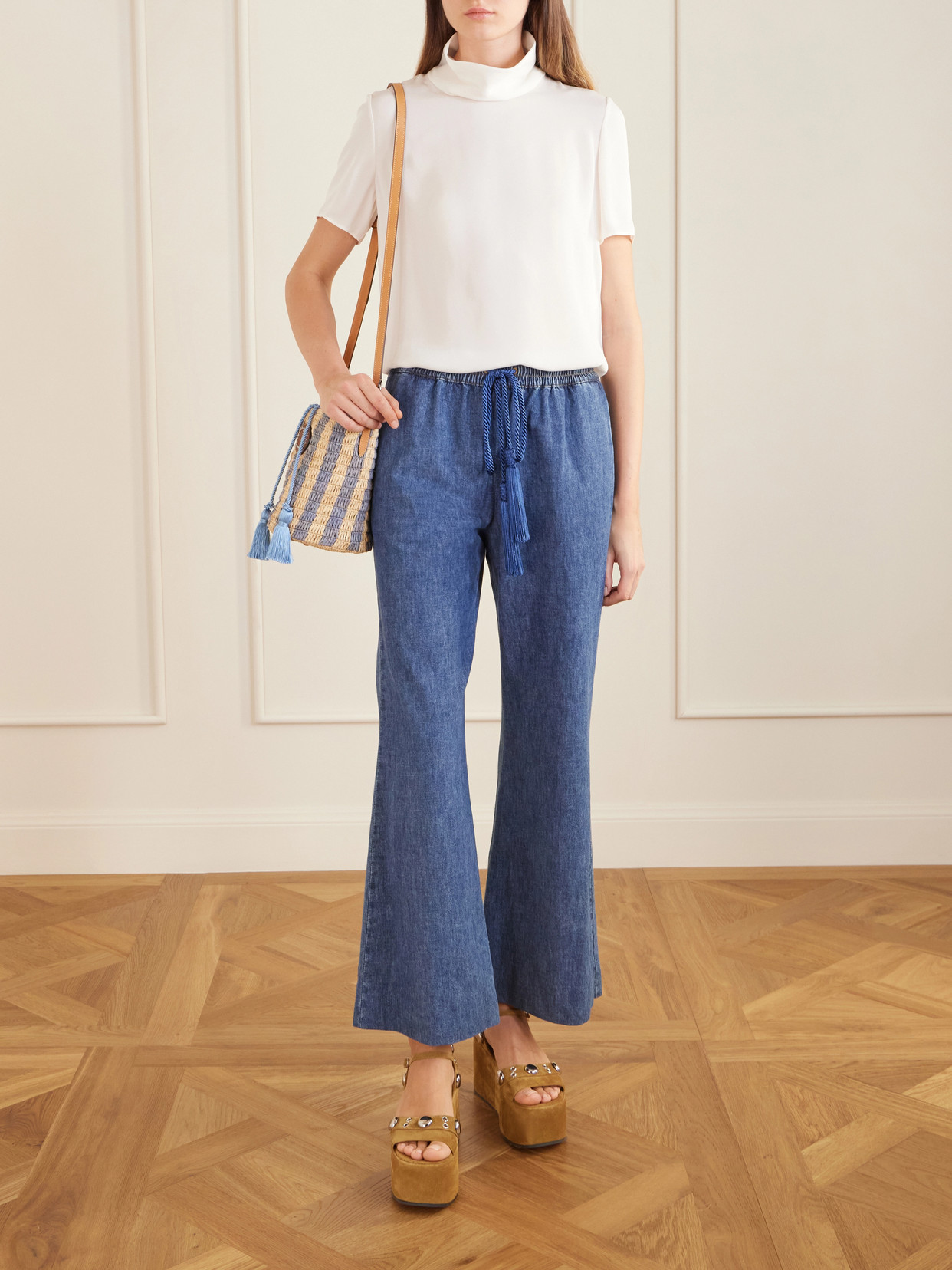 Valentino Garavani Small Bucket Bag In Raffia With Beige And Light Blue Stripes In Multi