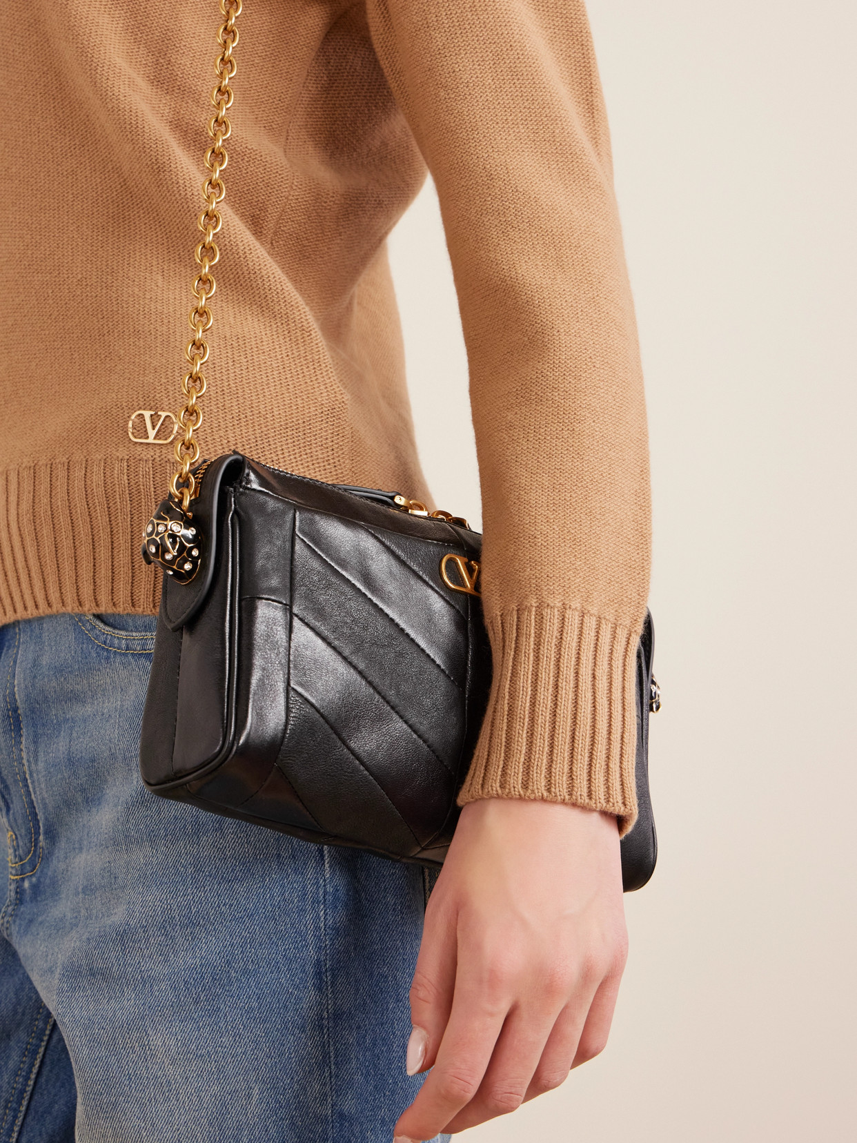 Valentino Panthea Paneled Leather Shoulder Bag In Black