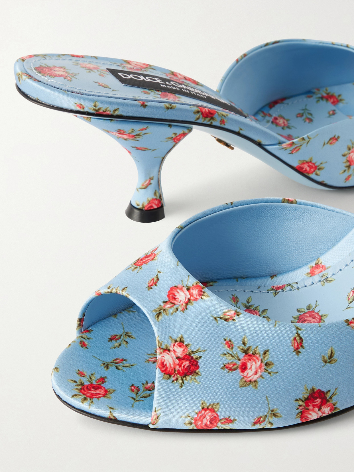 Dolce & Gabbana Keira Satin Mules With Little Roses Print In Blue