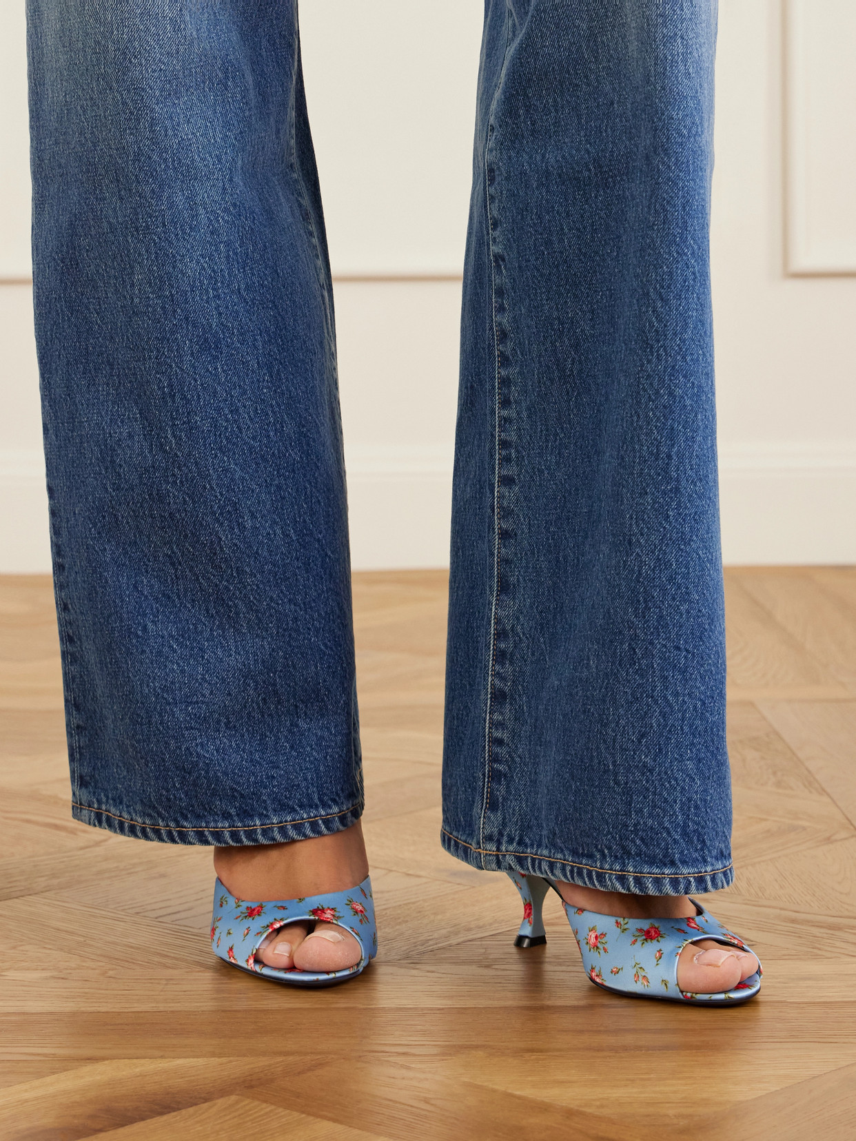 Dolce & Gabbana Keira Satin Mules With Little Roses Print In Blue