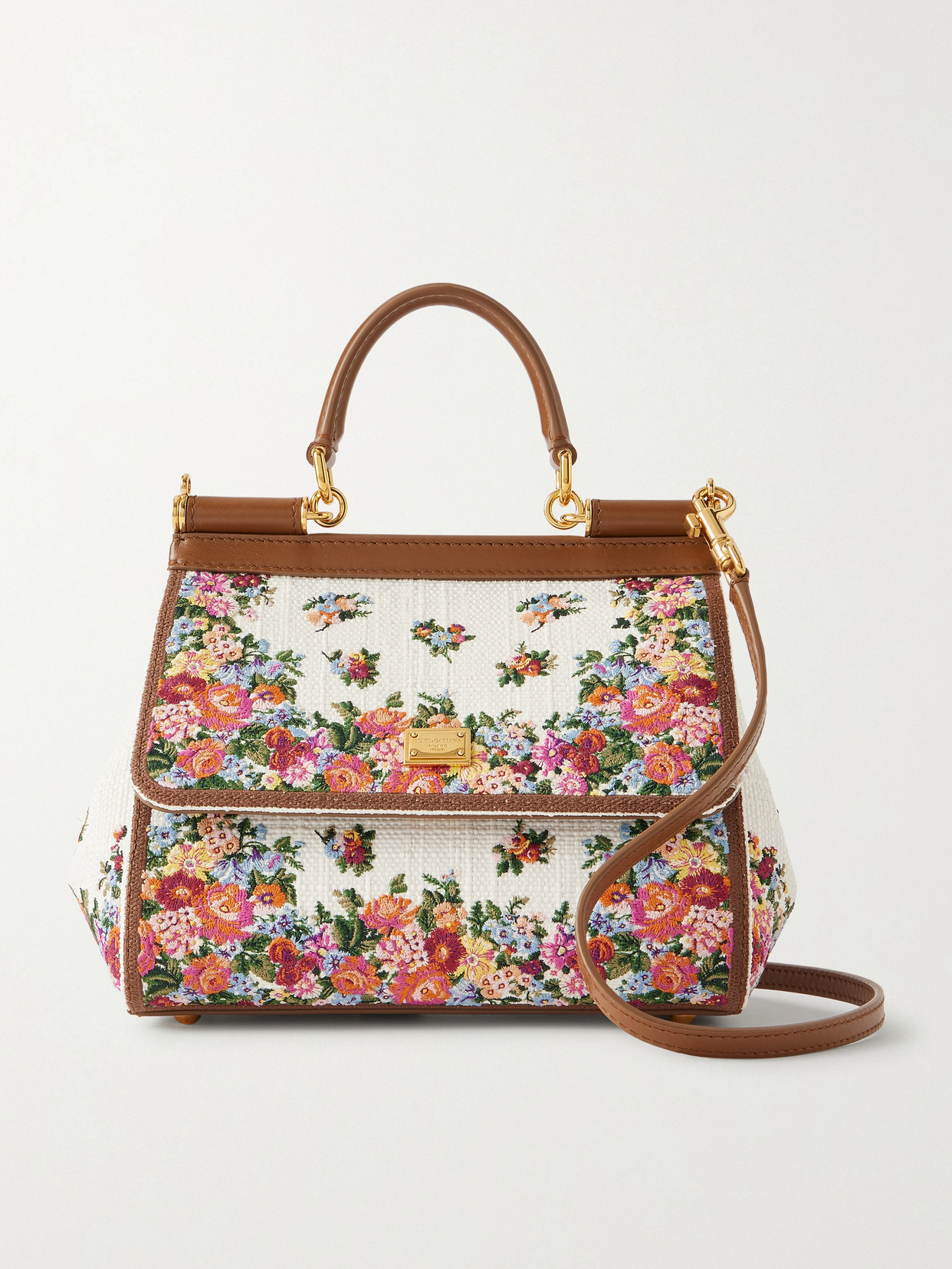 Dolce & Gabbana Sicily Medium Leather-trimmed Embroidered Canvas Shoulder Bag In White