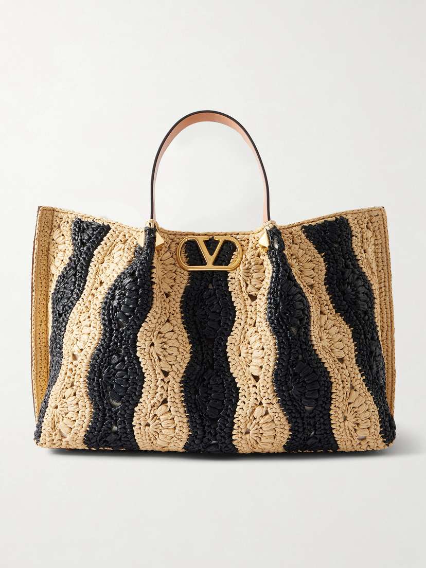 Valentino Garavani Vlogo Signature Medium Embellished Leather-trimmed Striped Crocheted Raffia Tote
