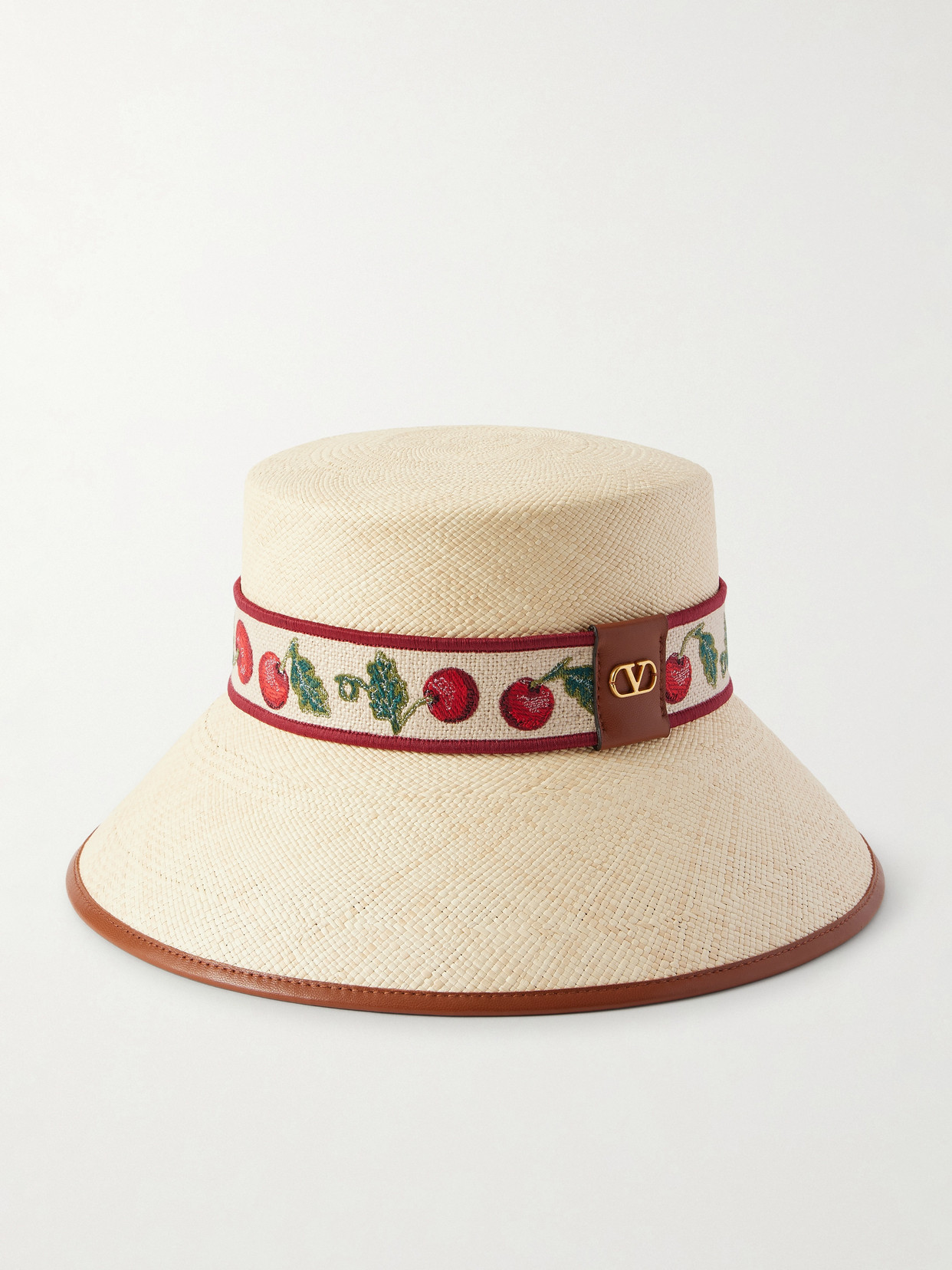 Valentino Garavani Cherryfic Linen-blend And Leather-trimmed Straw Bucket Hat In Sand