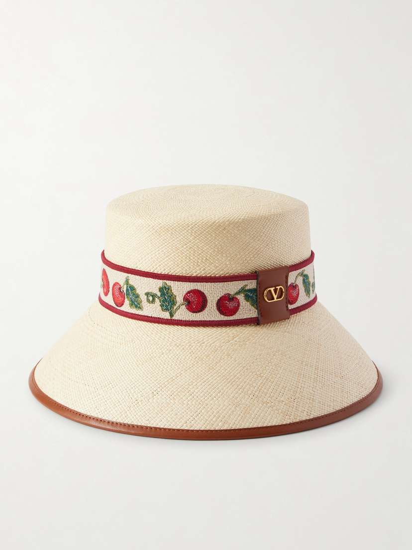 Valentino Garavani Cherryfic Linen-blend And Leather-trimmed Straw Bucket Hat