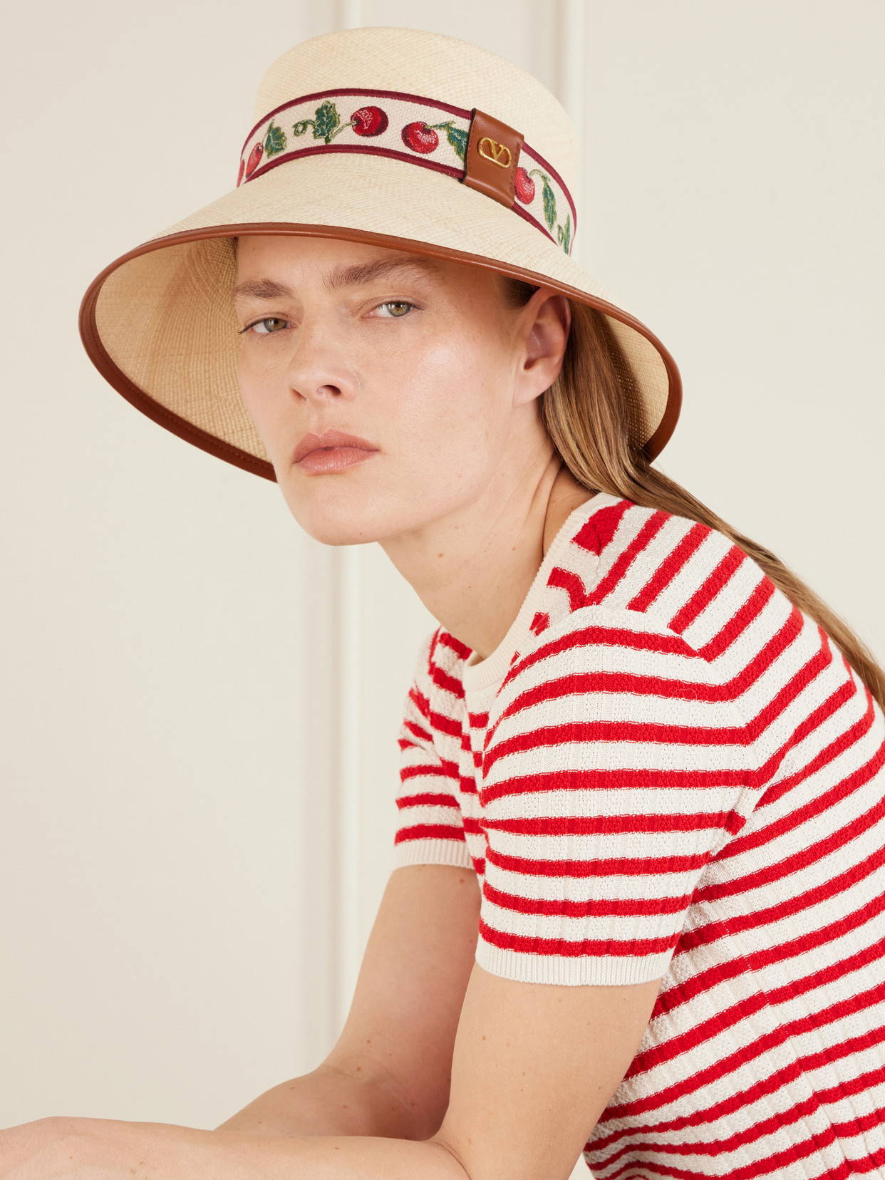Valentino Garavani Cherryfic Straw Bucket Hat With Leather Trim And Cherryfic Ribbon Woman Natural/s In White